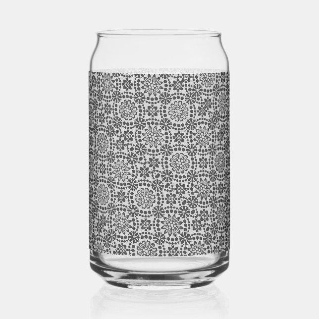 BW floral mandala pattern  Can Glass (Back)