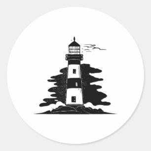 BW Minimalist Lighthouse Design Classic Round Sticker
