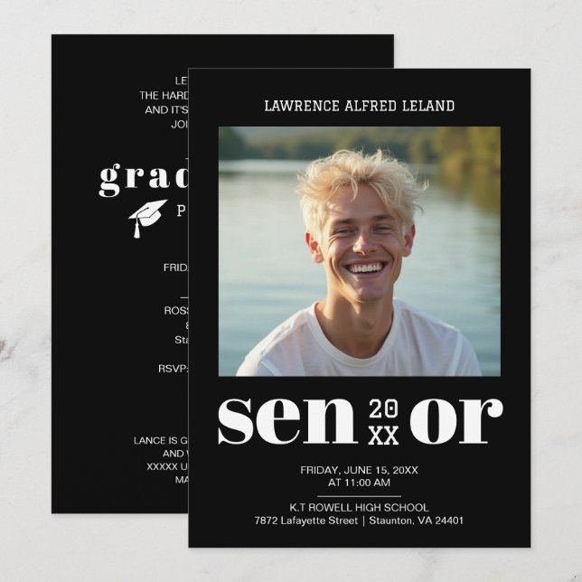  BW Modern Editorial Senior Photo Cool Graduate  Invitation (Front/Back)