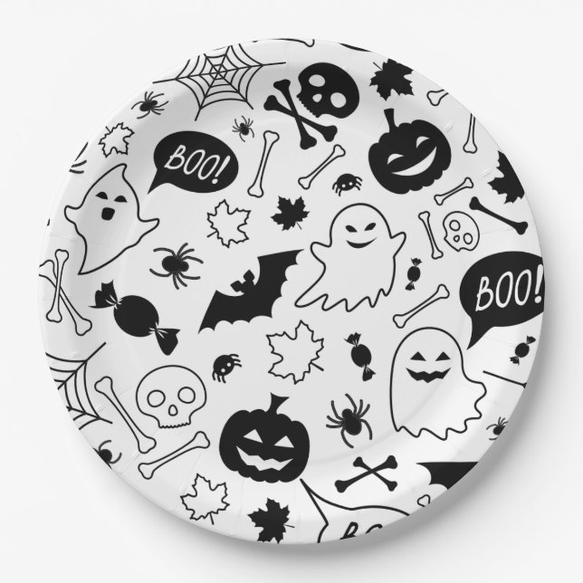 BW Pattern Art Halloween Pattern Halloween Art Paper Plate (Front)