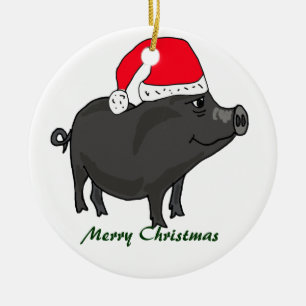 BW- Pot Bellied Pig in Santa Hat Ornament