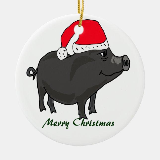 BW- Pot Bellied Pig in Santa Hat Ornament (Front)