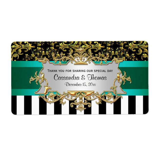 BW Stripe, Black Gold Damask H Wine Bottle Label (Front)
