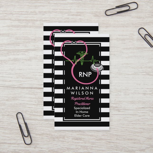 BW Stripes Modern Nurse Nursing Stethescope Business Card (Front/Back In Situ)