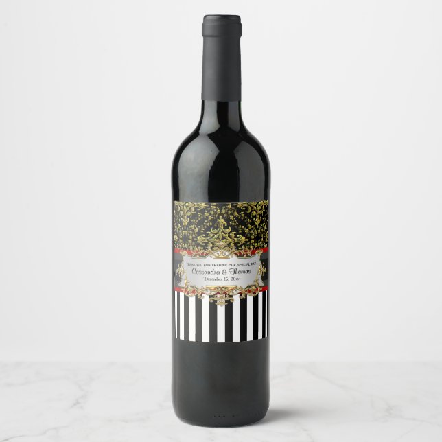 BW V Stripe, Black Gold Damask Wine Bottle Label (Front)