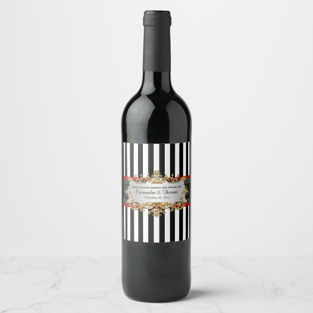 BW V Stripe Black Red Ribbon Wine Bottle Label (Front)
