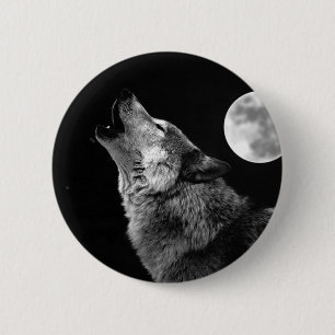 BW Wolf Howling at Moon 6 Cm Round Badge