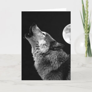 BW Wolf Howling at Moon Card