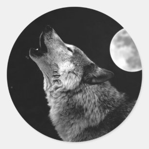 BW Wolf Howling at Moon Classic Round Sticker