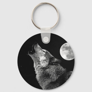 BW Wolf Howling at Moon Key Ring