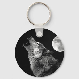 BW Wolf Howling at Moon Key Ring