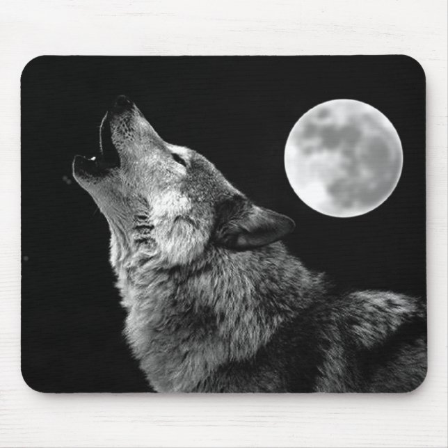 BW Wolf Howling at Moon Mouse Mat (Front)
