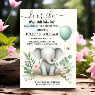 By Big Zoo Baby White Elephant Birth Gender Reveal Invitation