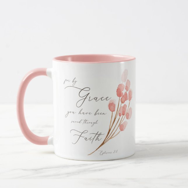 By grace you have been saved, pink floral  mug (Left)