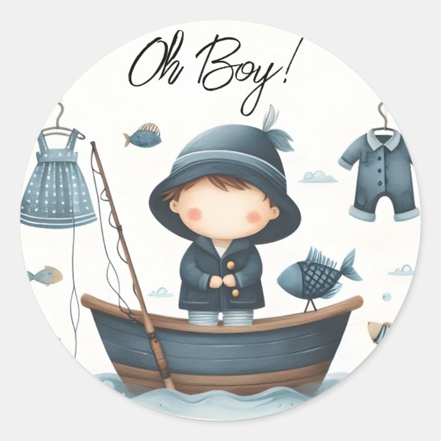 By Hook Bait Fun Wood Little Fisherman Baby Shower Classic Round Sticker (Front)