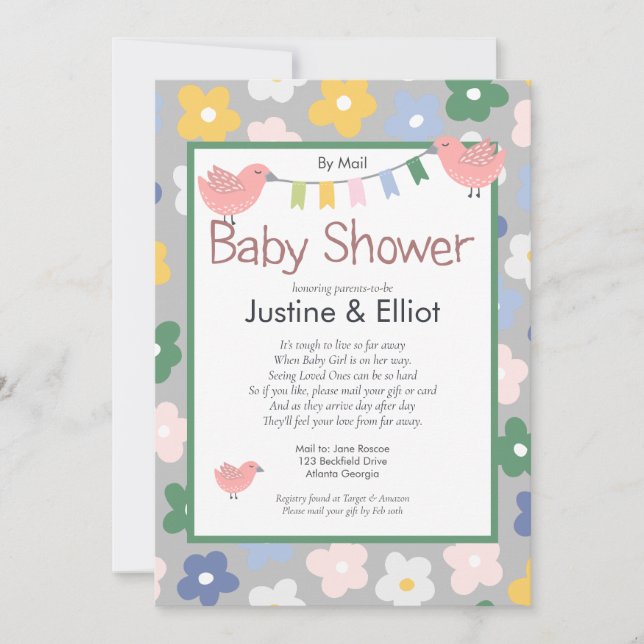By Mail  Flowers and Birds Girls Baby Shower Invitation (Front)