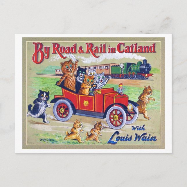 By Road & Rail in Catland, Louis Wain Postcard (Front)