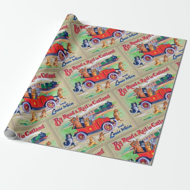 By Road & Rail in Catland, Louis Wain Wrapping Paper (Unrolled)
