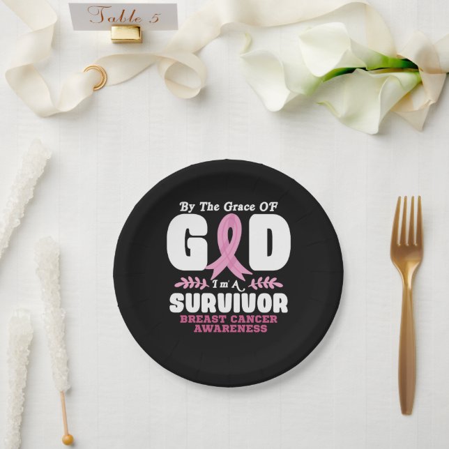 By The Grace God Im A Survivor Breast Cancer Paper Plate (Wedding)