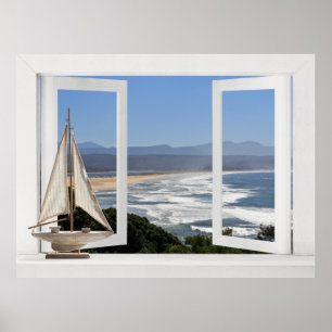 By the Ocean -- Open Window View with Sail Boat Poster