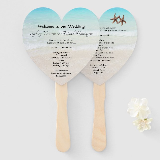 By the Sea Heart-Shaped Wedding Fan Program (Front and Back)