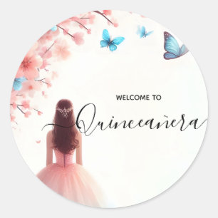 By Wood Tree Pink Girly Cherry Blossom Quinceanera Classic Round Sticker
