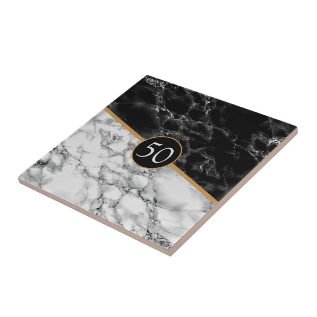 By Year Gift Ceramic Tile Faux Black White Marble (Side)