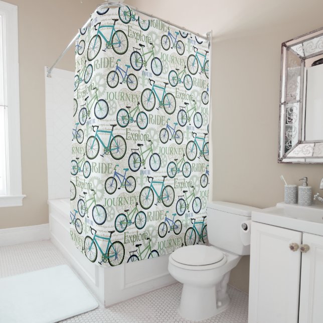 Bycycle Journey Blue and White Shower Curtain (In Situ)