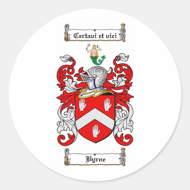 BYRNE FAMILY CREST -  BYRNE COAT OF ARMS CLASSIC ROUND STICKER (Front)