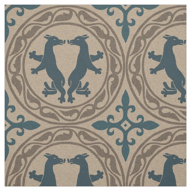 Byzantine Beasts Blue and Tan Fabric (Swatch)