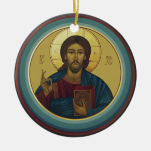 Byzantine Christ Pantocrator Round Mosaic Art Ceramic Tree Decoration