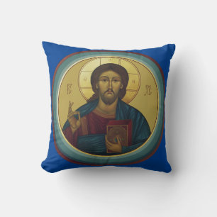 Byzantine Christ Pantocrator Round Mosaic Art Cushion