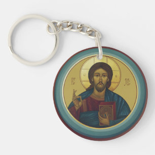 Byzantine Christ Pantocrator Round Mosaic Art Key Ring