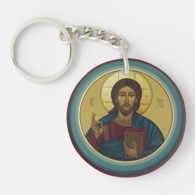 Byzantine Christ Pantocrator Round Mosaic Art Key Ring (Front)