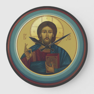 Byzantine Christ Pantocrator Round Mosaic Art Large Clock
