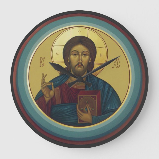 Byzantine Christ Pantocrator Round Mosaic Art Large Clock (Front)