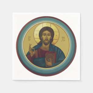 Byzantine Christ Pantocrator Round Mosaic Art Napkin