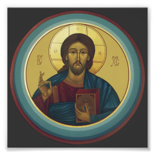 Byzantine Christ Pantocrator Round Mosaic Art Photo Print