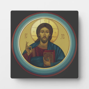 Byzantine Christ Pantocrator Round Mosaic Art Plaque