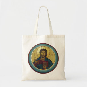 Byzantine Christ Pantocrator Round Mosaic Art Tote Bag