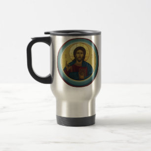 Byzantine Christ Pantocrator Round Mosaic Art Travel Mug