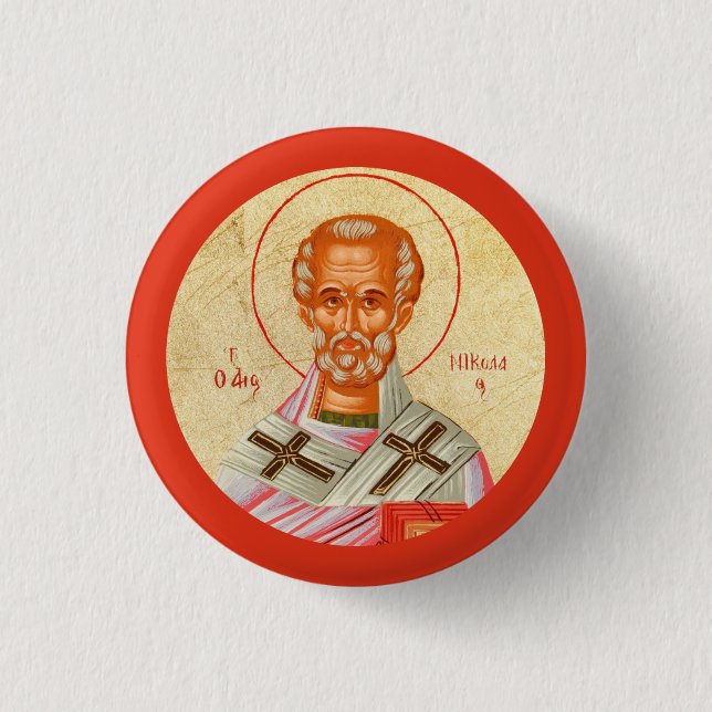 Byzantine Christian Orthodox Icons: St. Nickolas 3 Cm Round Badge (Front)