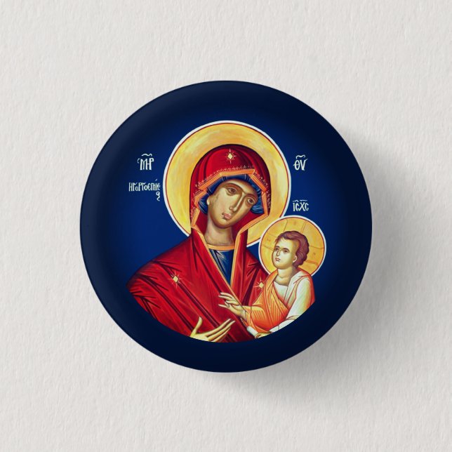 Byzantine Christian Orthodox Icons: Virgin Mary 3 Cm Round Badge (Front)