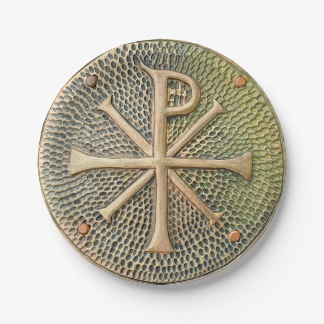 Byzantine cross symbol metal medallion history anc paper plate (Front)