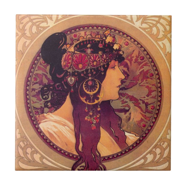 Byzantine Heads: Brunette Alfons Mucha Tile (Front)