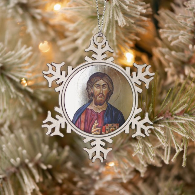 Byzantine Icon of Christ Pantocrator Snowflake Pewter Christmas Ornament (Tree)