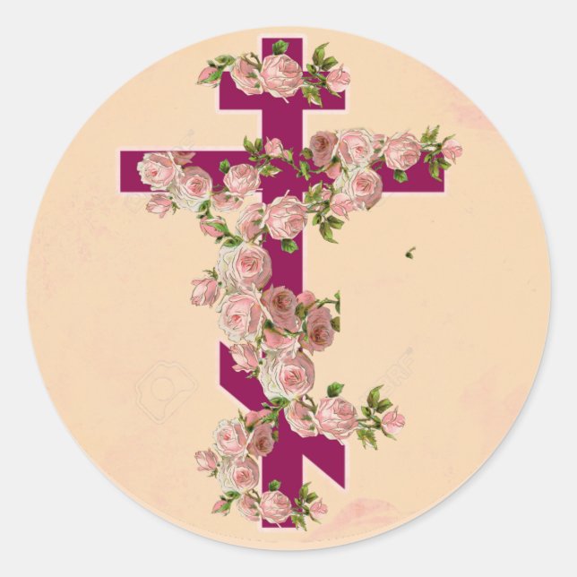 Byzantine Orthodox Eastern Rite Cross Pink Roses Classic Round Sticker (Front)