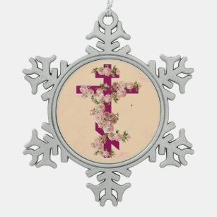Byzantine Orthodox Eastern Rite Cross Pink Roses Snowflake Pewter Christmas Ornament