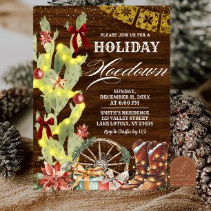 C166 Red Bow Cactus Wild West Holiday Hoedown Invitation