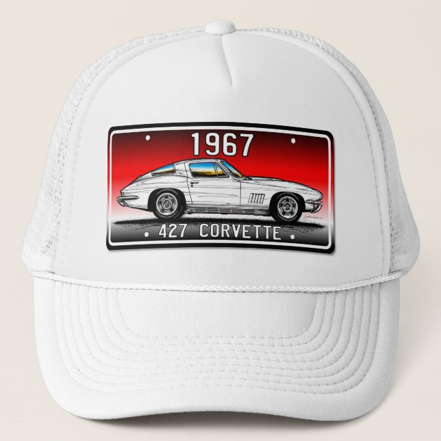 C2 1967 Corvette License Plate Art-Red Background Trucker Hat (Front)